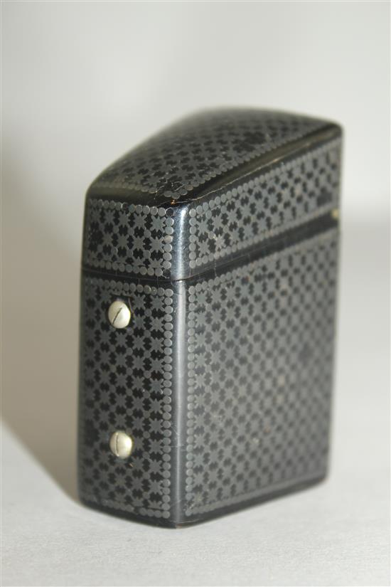 A late 19th century Russian black lacquered and pewter inlaid needle case, 2.25in.